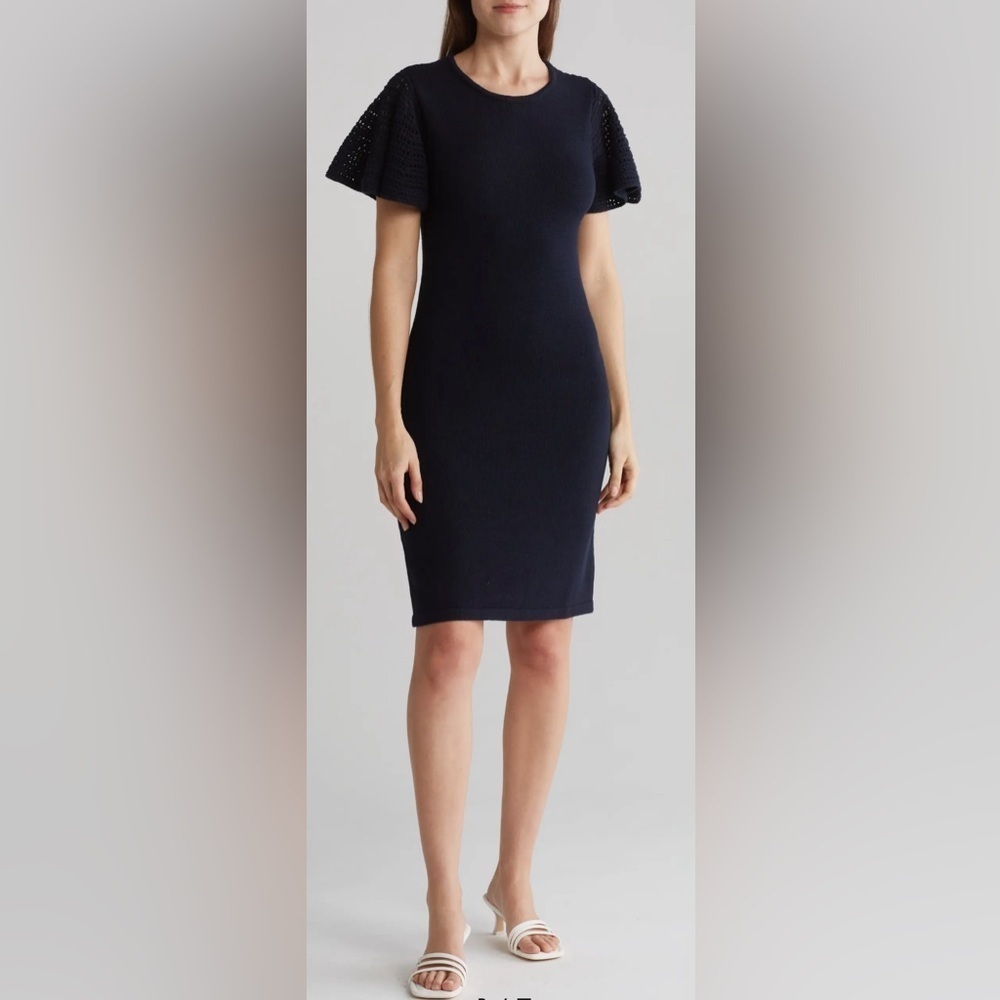 Eliza J Navy Crochet Flutter Sleeve Shift Dress M EJ4M0908-NVY NWT